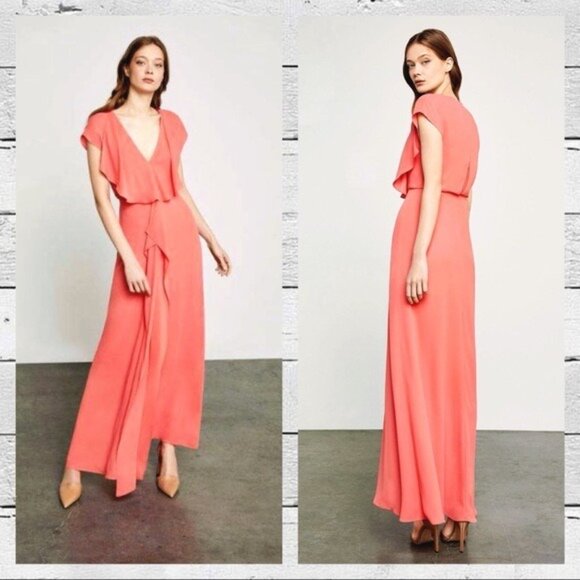 BCBGMAXAZRIA Womens Evette Coral Ruffled Chiffon V Neck Gown Front Slit size 2 - Picture 1 of 15